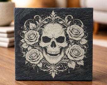 Gothic Skull Slate Coasters – Engraved Natural Stone Drinkware (4x4")