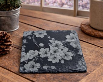 Kirschblüten-Untersetzer-Set, 4 Schieferuntersetzer, rustikale botanische Getränkeuntersetzer
