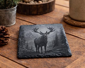Set of 4 Engraved Moose Slate Coasters, Rustic Cabin Decor