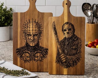 Akazienholz-Schneidebrett - Horror Icons Lasergraviertes Servierbrett - Charcuterie 9 “x 14”