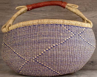 African Bolga Basket | Made in Ghana | 100% Handmade | Genuine Leather Handle | Home Decor Gift | Minimalist | Large | Indigo Diamond
