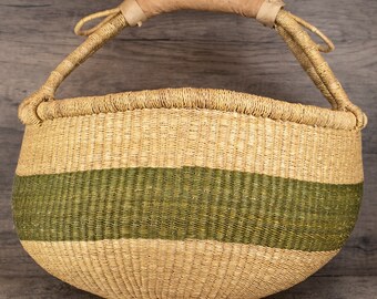 African Bolga Basket | Made in Ghana | 100% Handmade | Genuine Leather Handle | Home Decor Gift | Minimalist | Large | Striped Olive Green