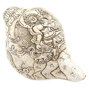 Jumbo Carved Conch Shell (Green Tara) - Handmade in Nepal - Buddhist Ceremonial Decor for Meditation
