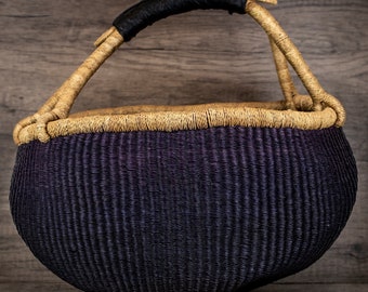 African Bolga Basket | Made in Ghana | 100% Handmade | Genuine Leather Handle | Home Decor Gift | Minimalist | Large | Dark Purple