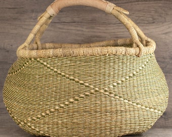 African Bolga Basket | Made in Ghana | 100% Handmade | Genuine Leather Handle | Home Decor Gift | Minimalist | Large | Olive Green Diamond