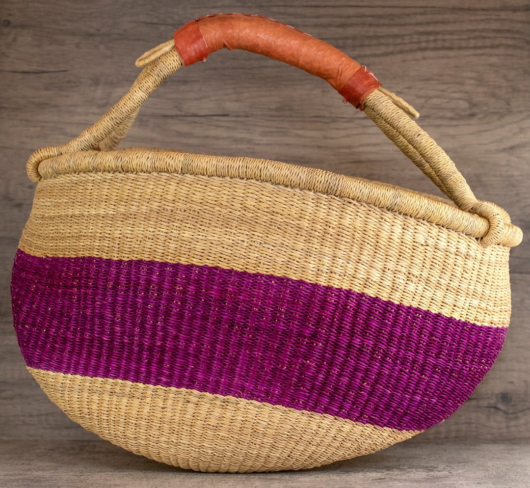 African Bolga Basket Made in Ghana 100 Handmade Genuine Leather Handle