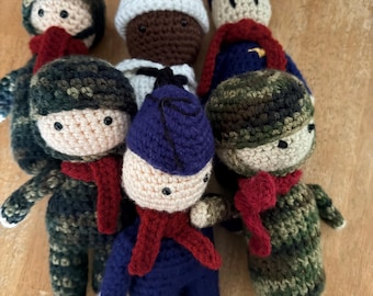 Military Crocheted Amigurumi Soldier, Camo or Dress Blues, Remember Everyone Deployed, Active Duty, Veteran