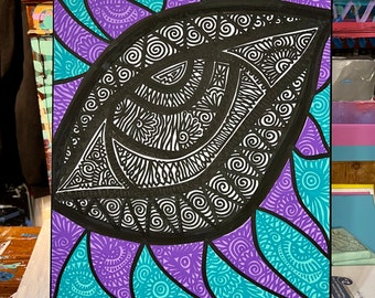 May include: A black and white abstract painting on canvas with a swirling pattern. The background is a vibrant teal and purple with a white outline. The painting is signed "Mores 202300v".