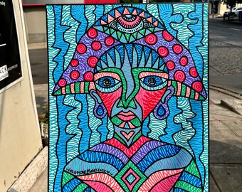May include: A colorful, abstract painting of a face with a large, patterned hat. The face is made up of geometric shapes and lines, and the hat is decorated with circles and swirls. The painting is done in a vibrant color palette of pink, blue, green, and purple.