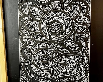 May include: Black and white abstract art drawing on a white background. The drawing features a variety of swirling patterns and shapes, including circles, spirals, and eyes. The drawing is signed "WildFireModes 23".