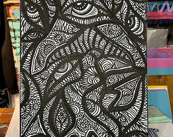 May include: Black and white abstract painting on canvas with intricate patterns and swirling designs. The painting features multiple eyes and other organic shapes.
