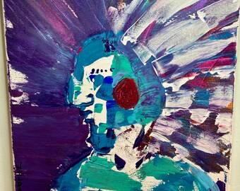 May include: Abstract painting of a person's face with a red circle on the cheek, surrounded by white and purple brushstrokes. The background is a dark purple.