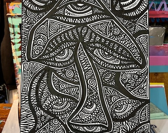 May include: Black and white abstract painting on canvas featuring a mushroom with intricate details and multiple eyes. The painting is signed "WILDFIRE LOSES 2023" in the bottom left corner.