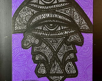 May include: A black and white abstract painting on a purple canvas. The painting features a large, intricate design with multiple eyes and swirling patterns. The artist's signature, "Winfred Moses 2-24-2020", is visible in the bottom left corner.