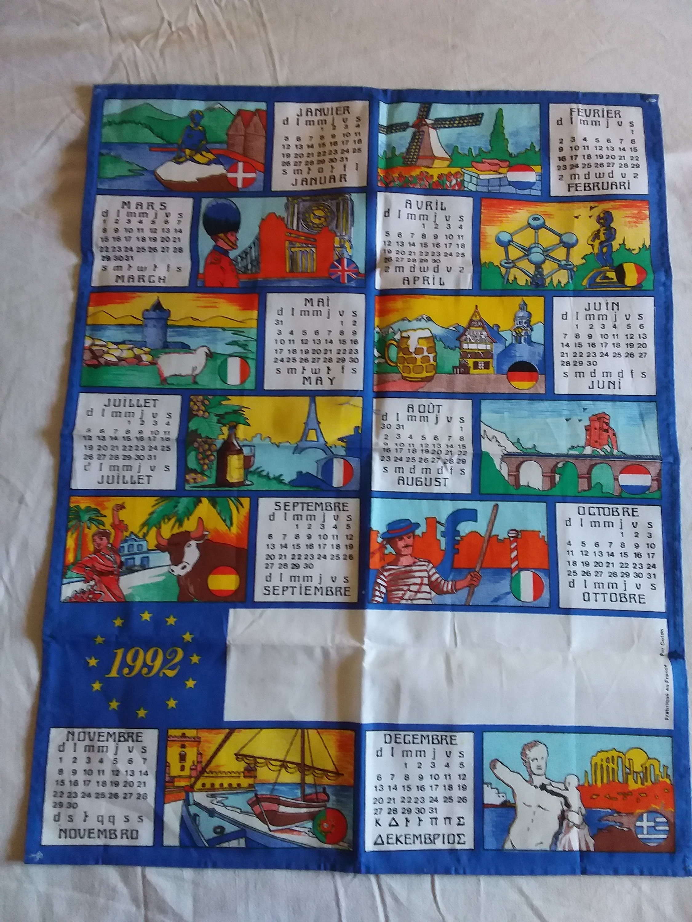 Torchon Vintage Calendrier 1992