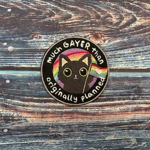 May include: Circular embroidered patch featuring a black cat holding a rainbow flag. The patch has the text "much GAYER than originally planned" around the cat and rainbow design. The patch is black with a white border.