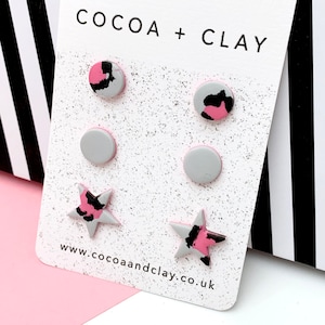 Pink and Black Leopard Print Stud Earrings. Trio of Studs, Star earrings, Heart earrings, various styles available,  Polymer Clay earrings.