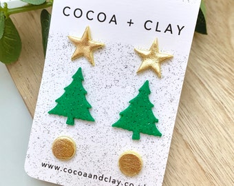 Christmas Earrings, Christmas tree earrings, gold stars earrings, Trio of studs, Festive Earrings.