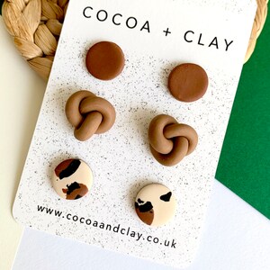 Trio of studs - knotted and circle earrings - Dark Brown, Brown, Leopard print Polymer clay - 3 pairs