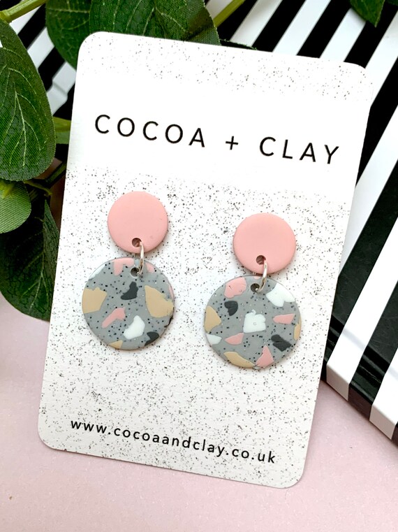 Terrazzo Grey and Blush Pink Polymer Clay Earrings. Handmade Circle Granite Etsy Finland