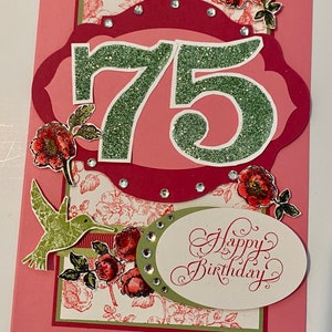 Birthday Card - customize any occasion - 8.5 x 5.5 - hummingbird card - milestone - pink - rose  - spring birthday - glitter - flower card