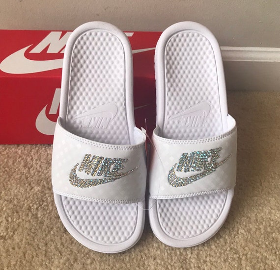 White Nike Slides with Swarovski 