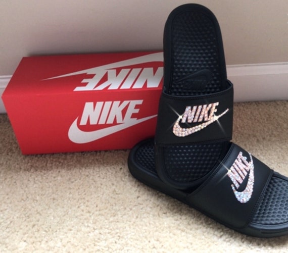 black nike slides with rose gold