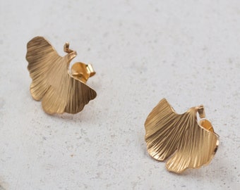 Black Friday, Ginkgo leaf earrings wedding, 18k gold plated earrings stud, ginkgo jewelry for women, handmade earrings gift personalized