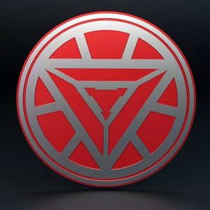 May include: A red and silver circular logo with a triangular shape in the center. The triangle is outlined in silver and has a silver line down the center. The circle is outlined in silver and has a series of silver lines radiating from the center.