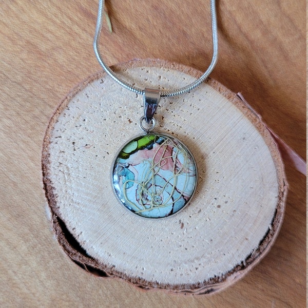 Stainless Steel 18mm pendant. Handpainted background with real Usnea lichen. One of a kind!