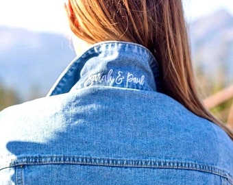 Custom Embroidered Under the Collar Denim Jacket, Personalized Bridal Gift