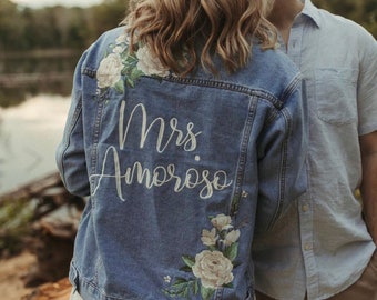 Custom Embroidered Denim Bridal Jacket: Ivory Peony Floral
