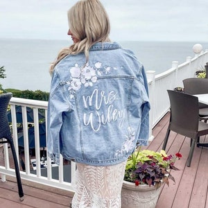 CUSTOM Embroidered Women's Relaxed Fit White Floral Denim Jean Jacket __ Bridal Jacket __ Bride Jacket image 1