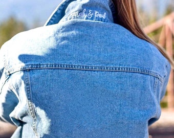 Custom Embroidered Under the Collar Denim Jacket, Personalized Bridal Gift