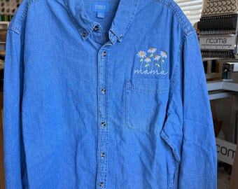 Embroidered Mama with Daisies Pocket Unisex Denim Shacket Shirt Jacket Chambray