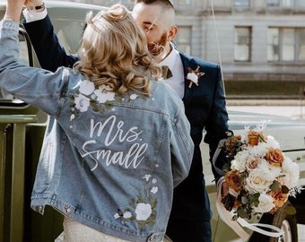 Custom Embroidered Bridal Denim Jacket: White Floral, Sage Leaves