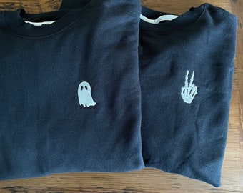 Embroidered Glow in the Dark Halloween Crewneck: Ghost or Skeleton Peace