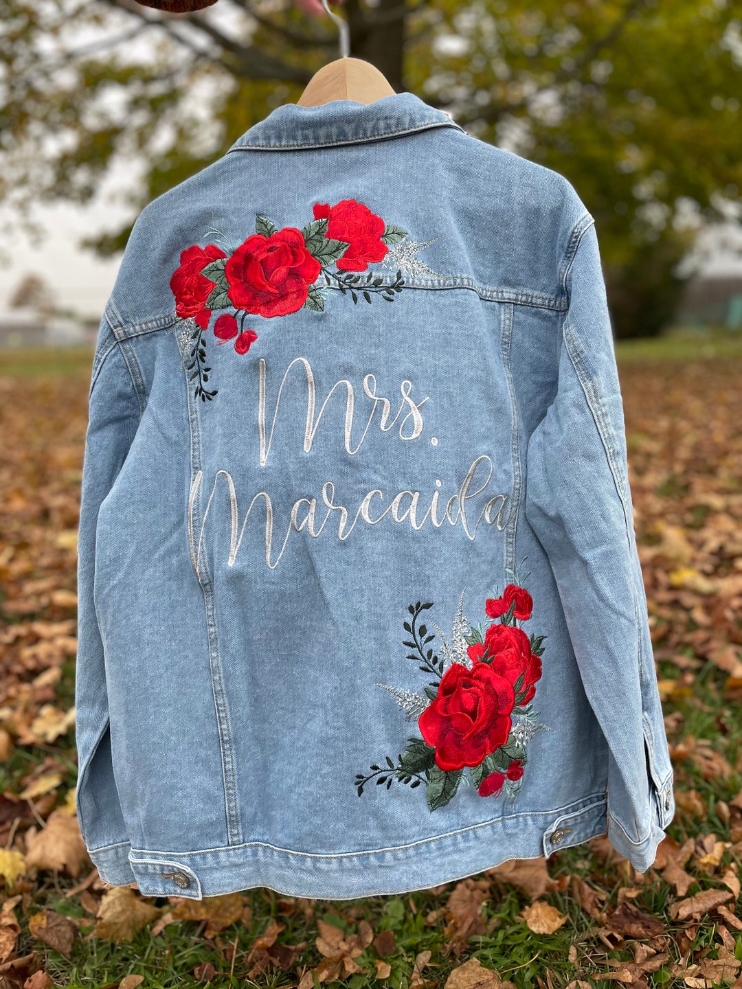 Custom Embroidered Denim Jacket: Red Roses Bridal Jean Jacket - Etsy
