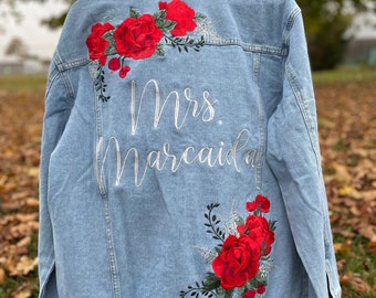 Custom Embroidered Denim Jacket: Red Roses Bridal Jean Jacket