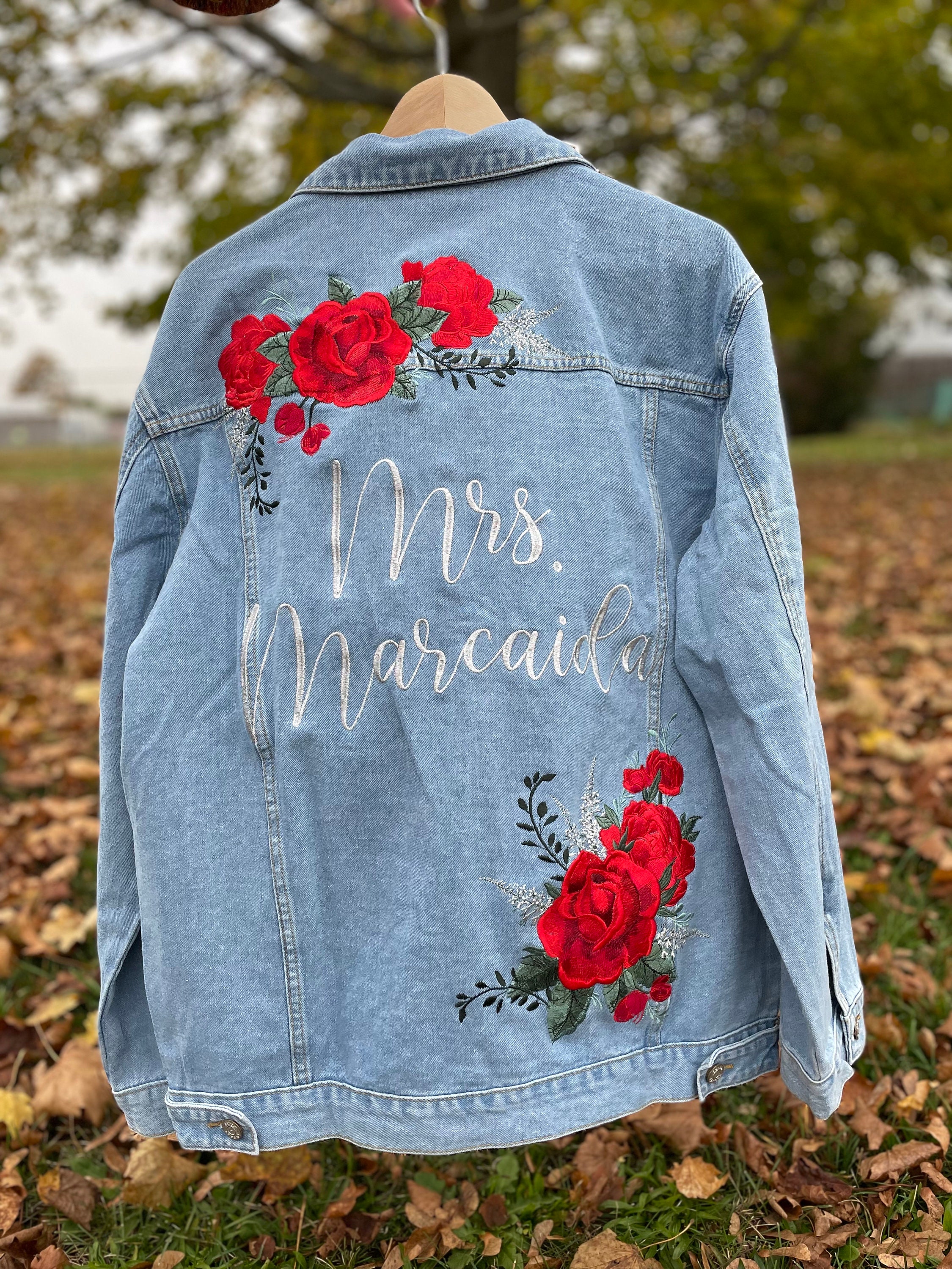 Custom Embroidered Denim Jacket: Red Roses Bridal Jean Jacket - Etsy Custom Embroidered Denim Jacket: Red Roses Bridal Jean Jacket - Etsy