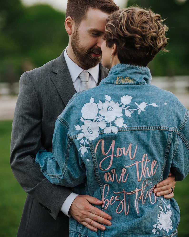 CUSTOM Embroidered Women's Relaxed Fit White Floral Denim Jean Jacket __ Bridal Jacket __ Bride Jacket image 5