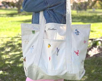CUSTOM Embroidered Small or Large Natural Tote Bag Choose Your Icons & Text