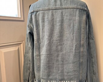 CUSTOM Embroidered Roman Numeral Date Women's Relaxed fit Denim Jacket __ Bride Jacket __ Wedding Date Jacket