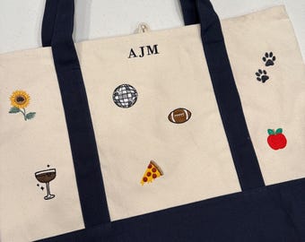 CUSTOM Embroidered Large Style Tote Bag Choose Your Icons & Initials