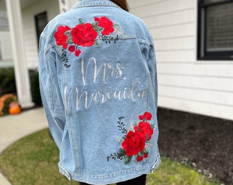 CUSTOM Embroidered Women's Relaxed Fit Red Roses Denim Jean Jacket __ Bridal Jacket __ Bride Jacket