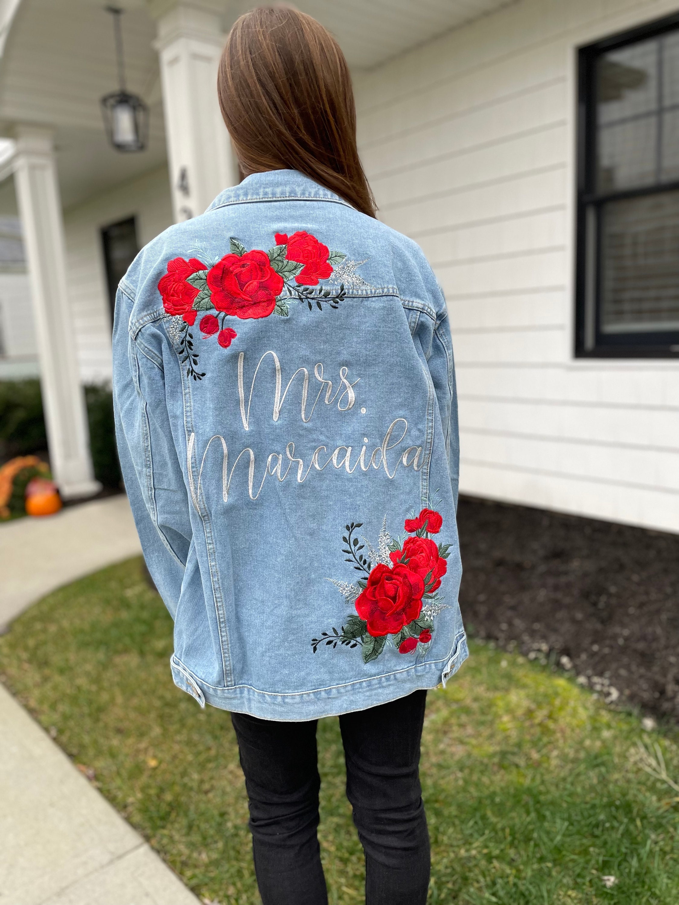 Custom Embroidered Denim Jacket: Red Roses Bridal Jean Jacket - Etsy