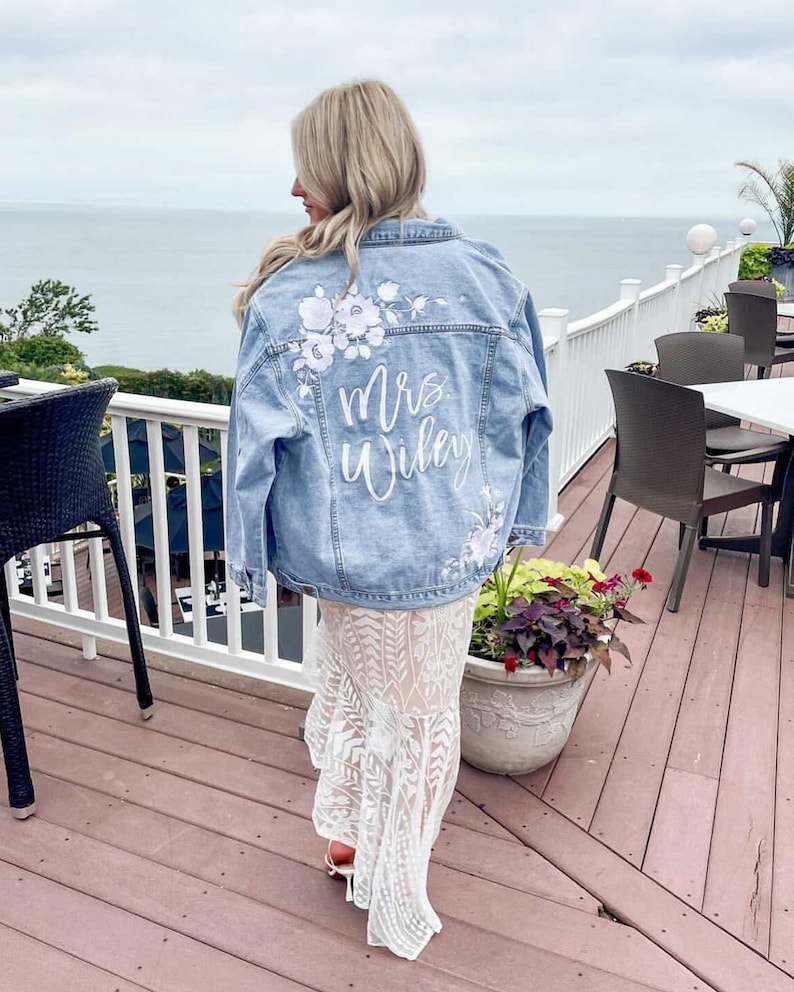 CUSTOM Embroidered Women's Relaxed Fit White Floral Denim Jean Jacket __ Bridal Jacket __ Bride Jacket image 1