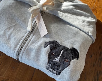 Custom Embroidered Pet Portrait Hoodie: Recycled Grey Zip-Up Sweatshirt