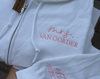 Personalized Embroidered Mrs. & Wedding Date Women's White Zip Up Sweatshirt