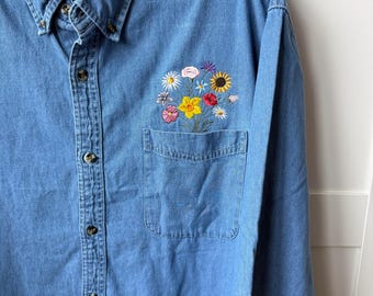 Embroidered Custom Bouquet Pocket Unisex Denim Shacket Shirt Jacket Chambray, Valentine’s Day Gift